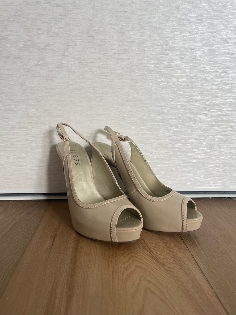 GUESS Beige Nude Peep-Toe Platform Slingback Heels